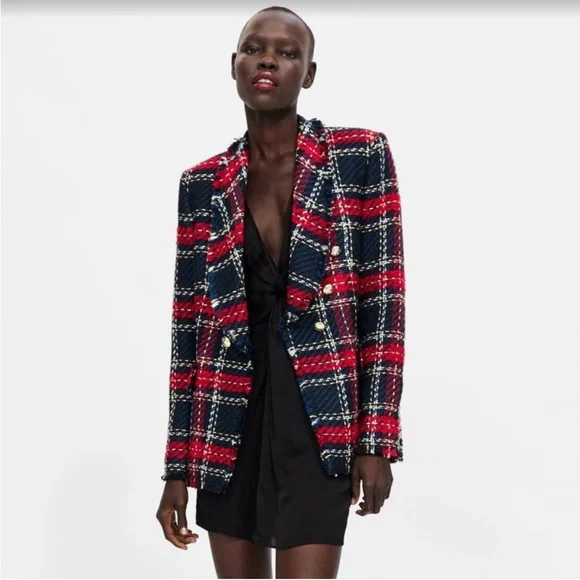 Zara TWEED TEXTURED WEAVE TAILORED DOUBLE BREASTED BLAZER RED/BLUE NEW